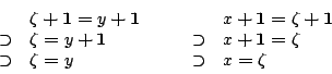 \begin{displaymath}
\begin{array}[t]{cl}
&
\zeta\boldsymbol{+}\mathbf{1}\b...
...}\zeta \\
\supset &
x\boldsymbol{=}\zeta
\end{array}
\end{displaymath}