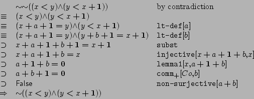 \begin{displaymath}
\begin{array}{cll}
&
{\sim }{{\sim }{({(x\boldsymbol{<...
...{(y\boldsymbol{<}x\boldsymbol{+}\mathbf{1})})}
\end{array}
\end{displaymath}