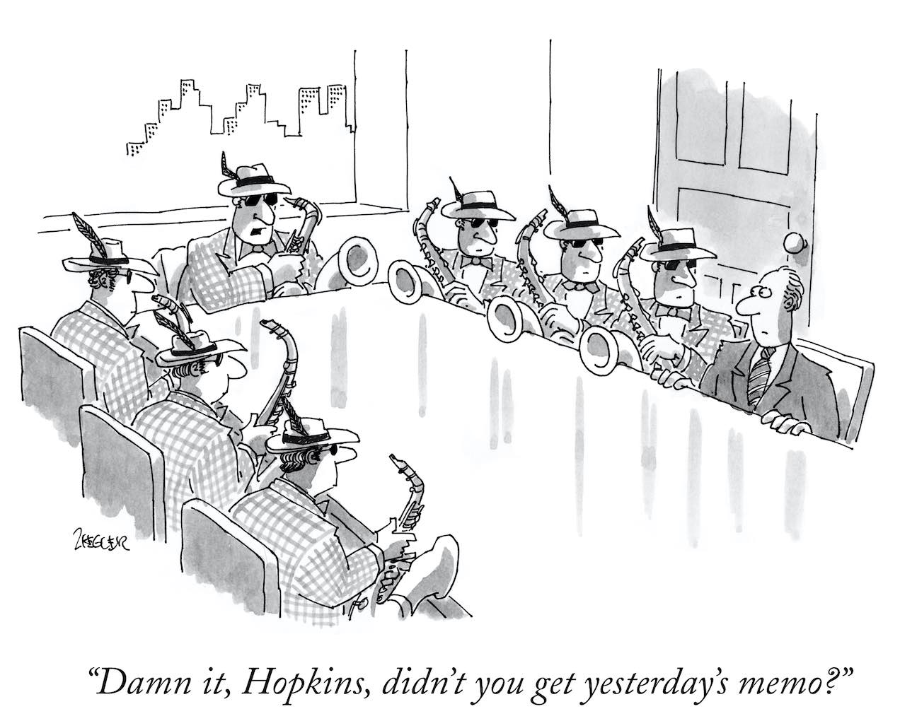 New Yorker cartoon showing most business people at a meeting in ridiculous outfits, but one person isn't.  Caption: Damn it, Hopkins, didn't you get yesteryad's memo? 