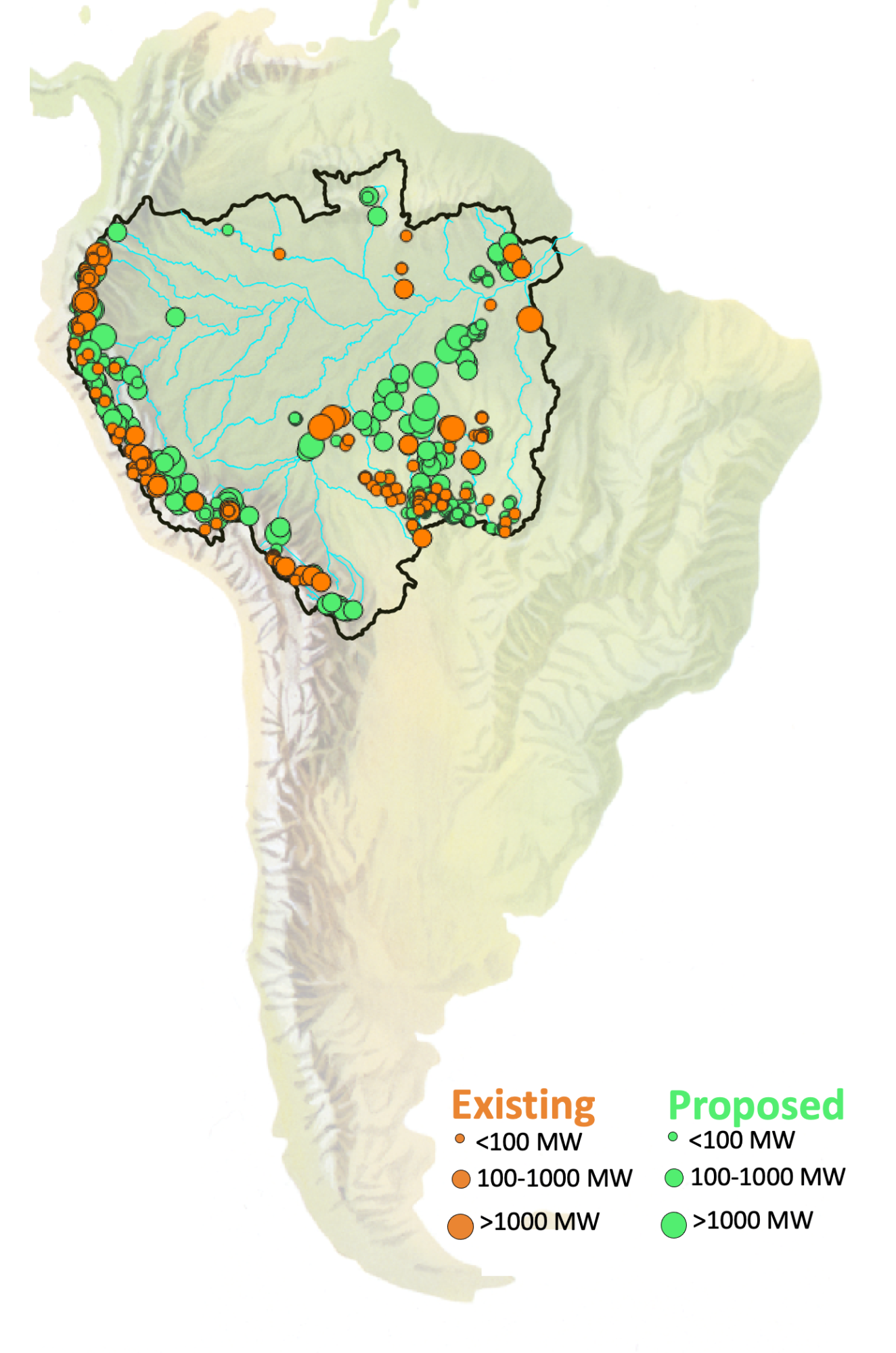 Map of existing and proposed dams in the Amazon basin