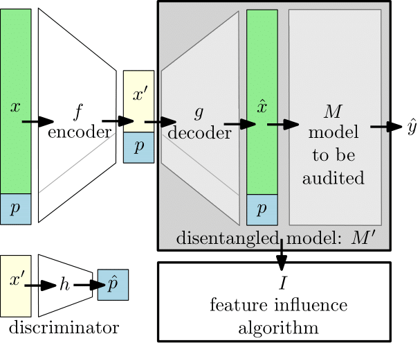 Encoder and decoder diagram. Shows input and protected feature being encoded, decoded and re-fed through the model. At the same time a discriminatory model is meant to train the encoder to obscure sensitive information in the nonsensitive data.