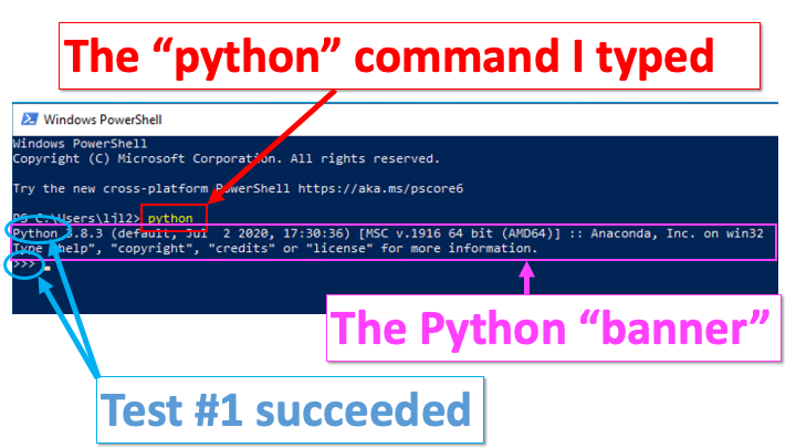 Windows Powershell window, where someone has entered the command "python", and the Python "banner" has resulted.
