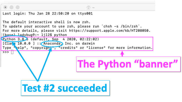 Screenshot of command shell window with the words "Python 3.8" and "Anaconda" highlighted in the Python "banner"
