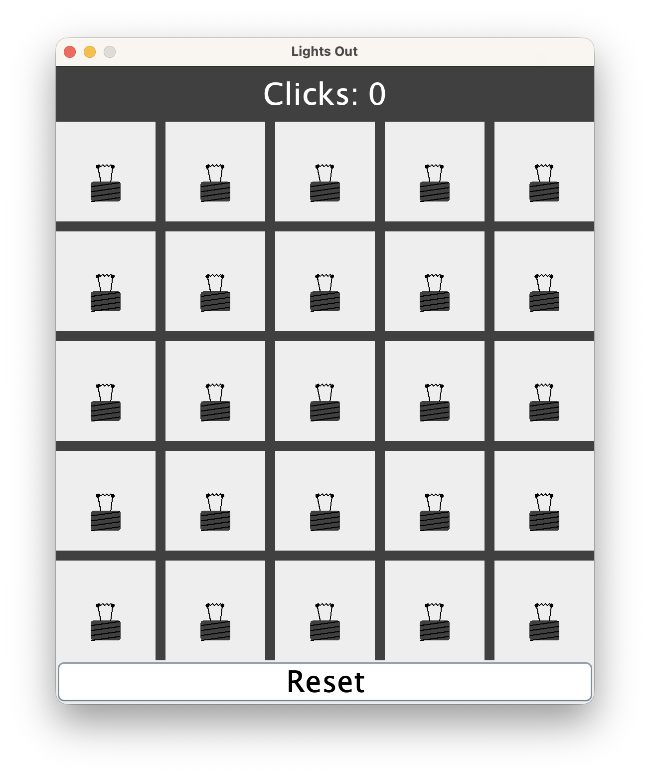 The Lights Out app after completing TODO 4. The window now shows a grid of partially drawn lightbulbs missing their glass domes.
