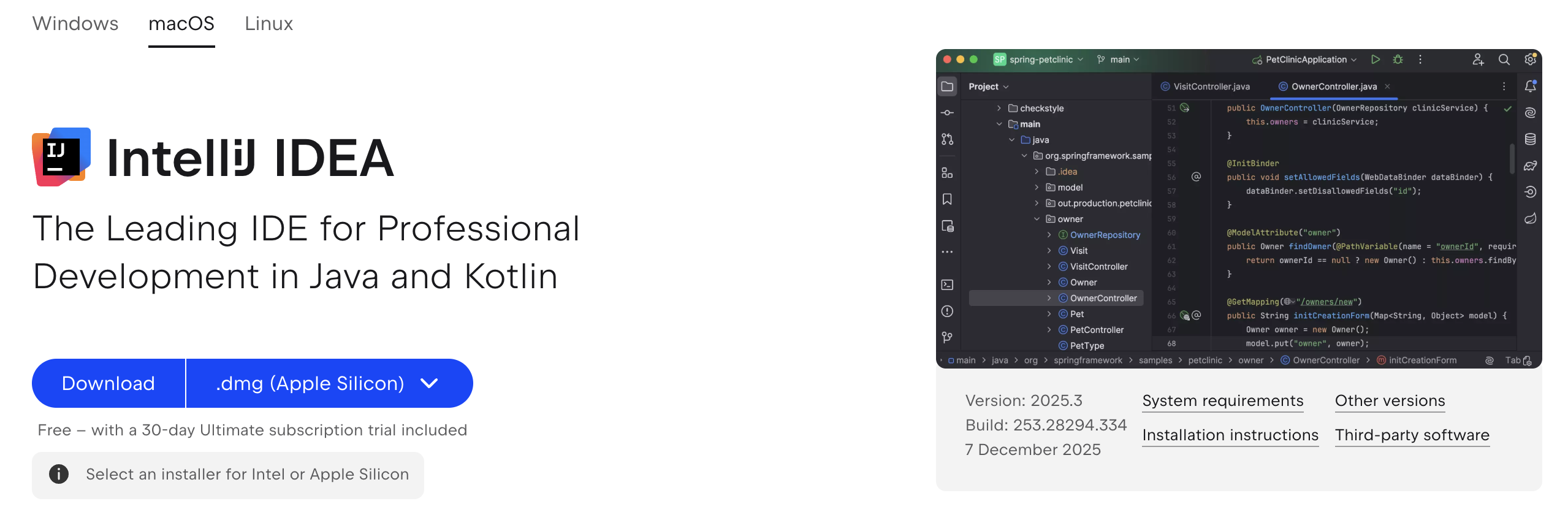 a screenshot of the IntelliJ download page with the macOS operating system selected