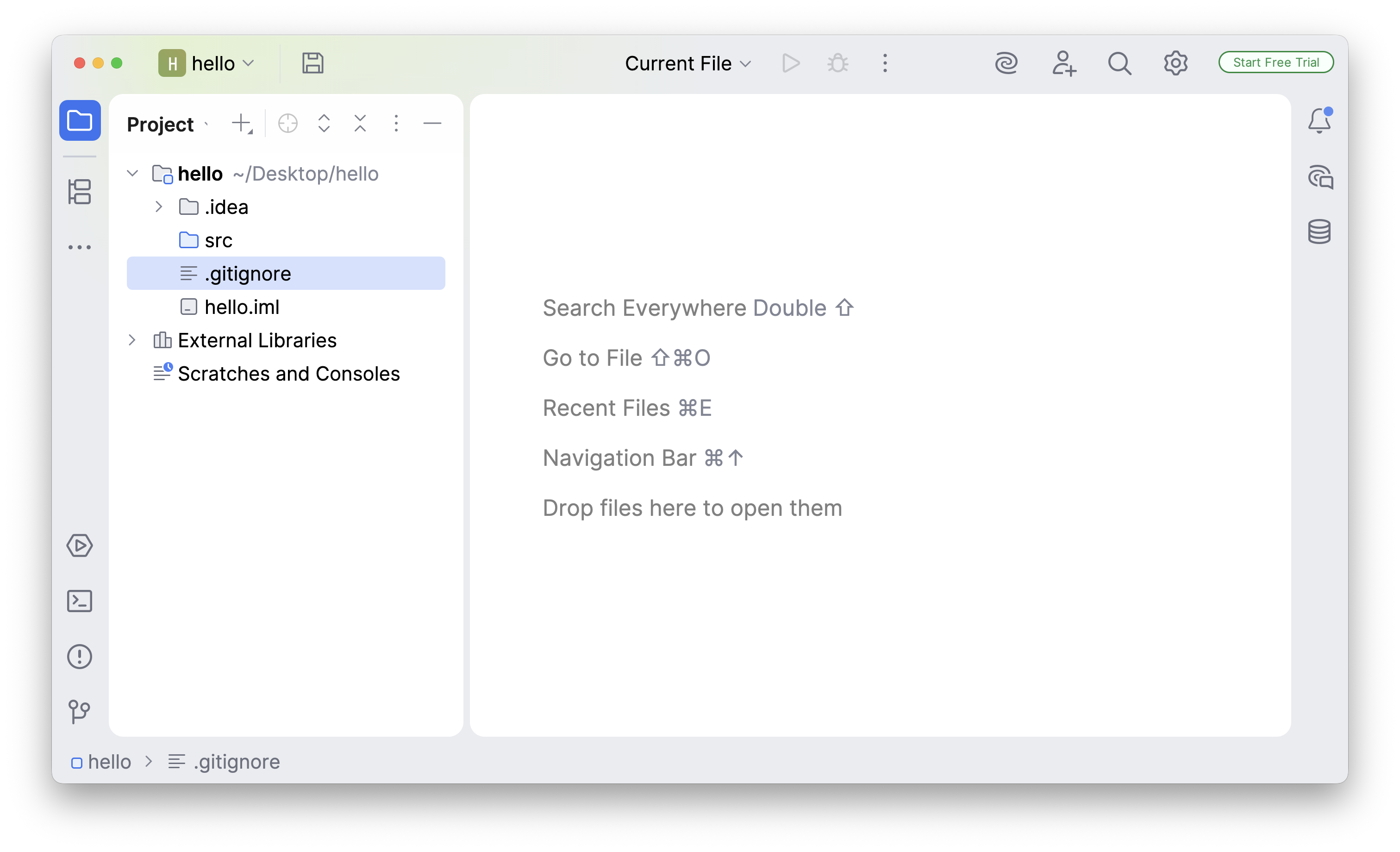 a screenshot of the project window for our new hello project
