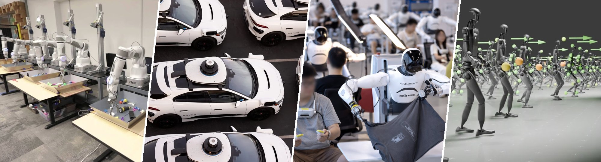 Robot manipulation arms in a lab, a fleet of autonomous vehicles, a teleoperated humanoid folding cloth, and simulated humanoids walking in parallel