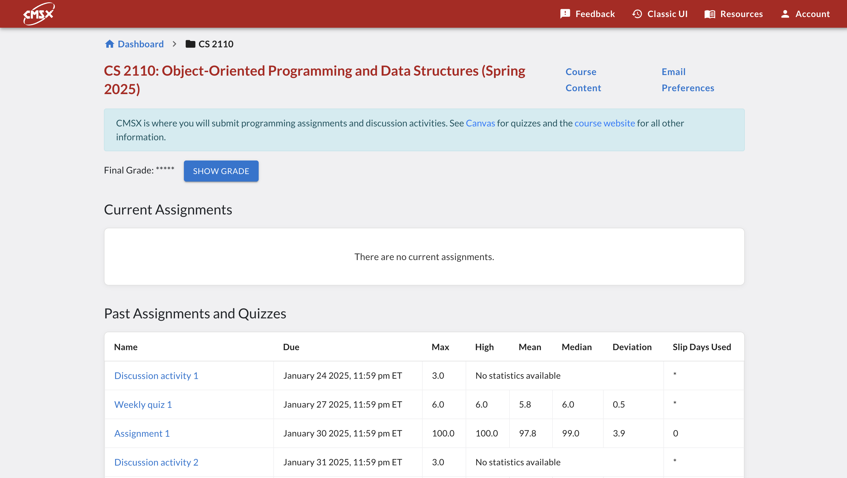 CMSX Dashboard with current assignments and past assignments and quizzes