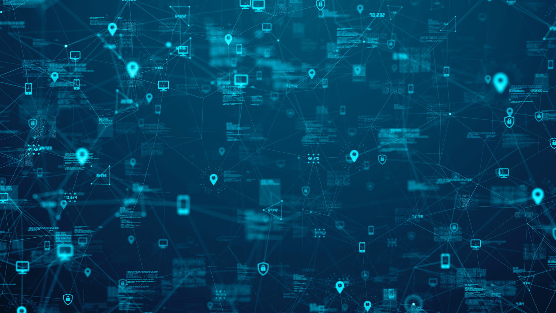 a light teal background with line networks interconnecting symbols of pin drops and phones