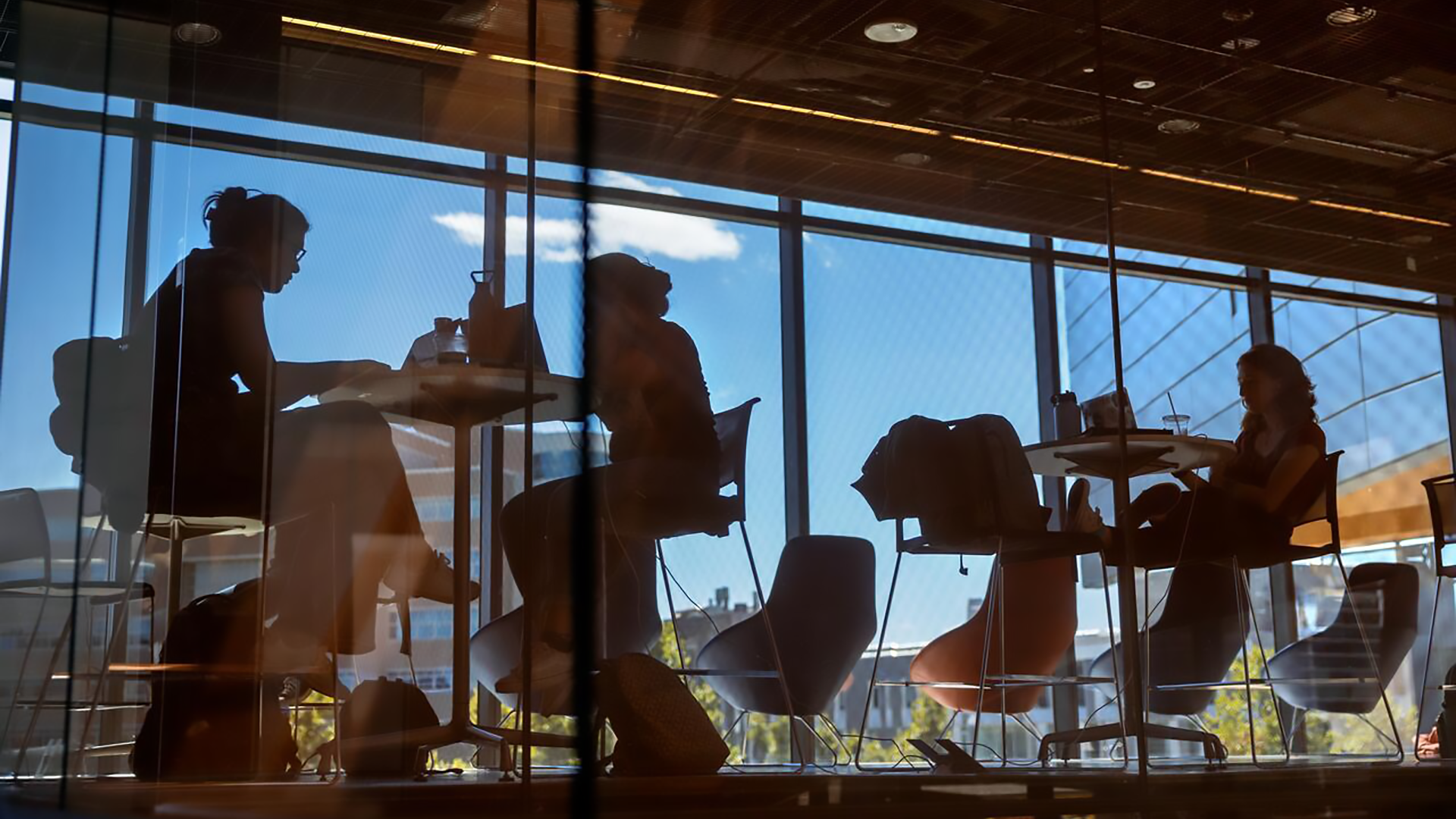 A color photo showing students working in a lounge area.