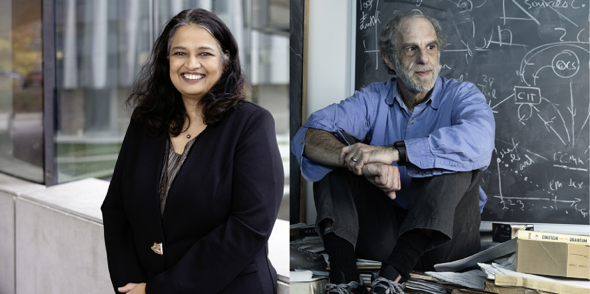 2 photos. One of a woman outdoors and the other of a man sitting on a cluttered desk in front of a chalkboard. 