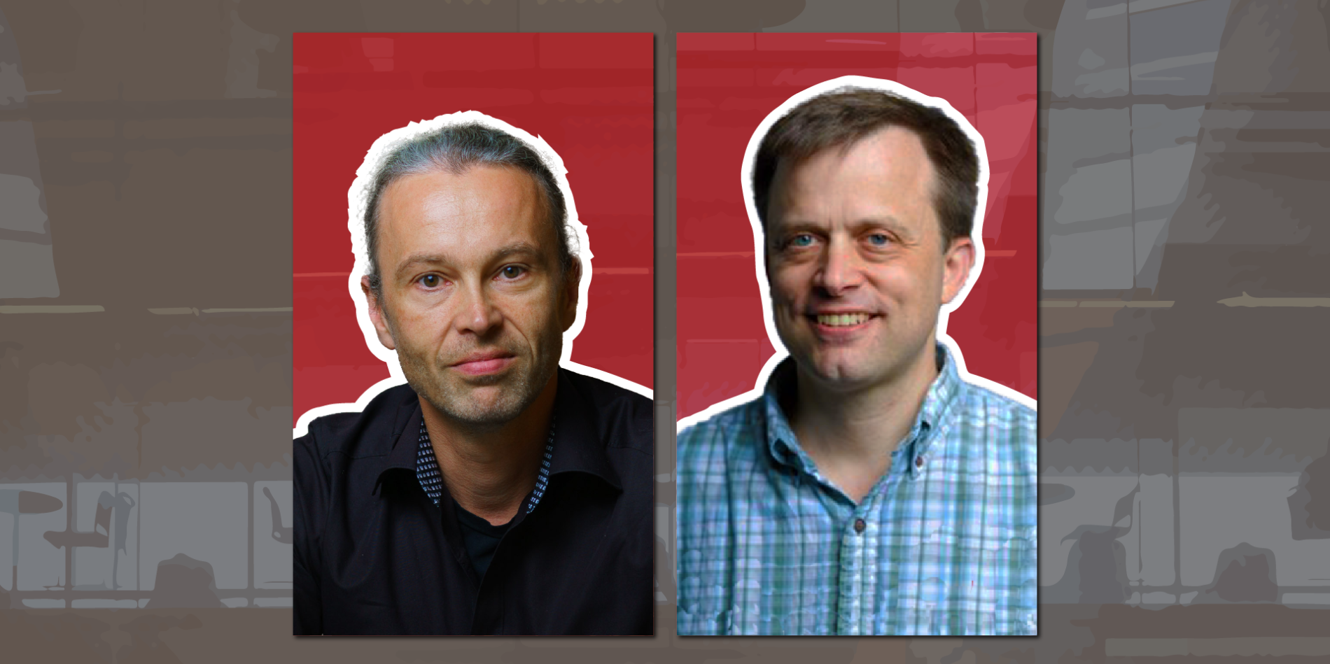 two images side by side: left is a man with gray hair pulled back against. red background, on the right, a man with short brown hair in a blue checkered shirt against a red pattern
