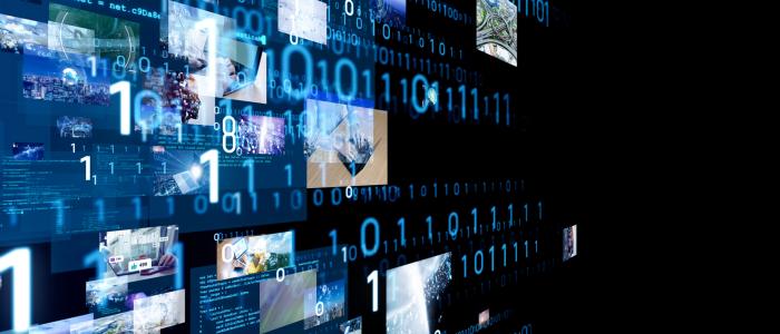 overlapping data points, numbers, photos on a black screen