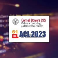 A red and blue background with a white box overlaying it that contains the Cornell Bowers CIS, and ACL 2023 logos