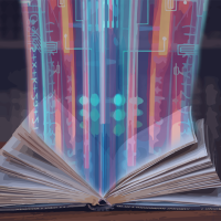 A graphic illustration showing an open book with colorful lines shooting from it