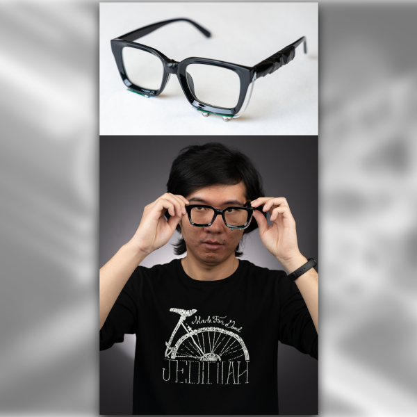 A photo collage showing eye glasses and a man in wearing them