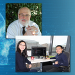 A photo collage showing a man in one photo and a man and woman sitting by a computer in the other