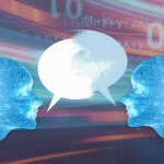 Two Ai faces looking at each other with talk bubbles between them