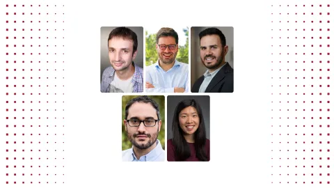 A color photo showing 5 portraits. 4 men and 1 woman.