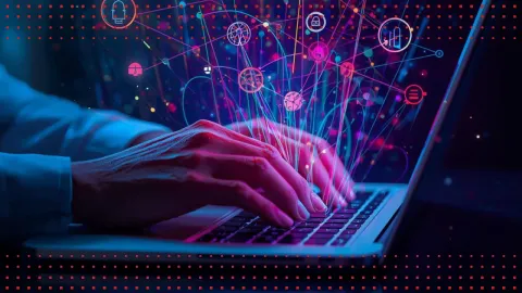 A color graphic with a person's hand typing on a laptop with colorful lines and shapes coming from the keys.