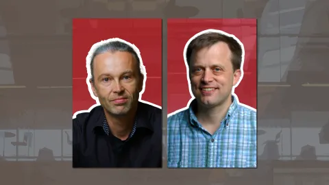 two images side by side: left is a man with gray hair pulled back against. red background, on the right, a man with short brown hair in a blue checkered shirt against a red pattern
