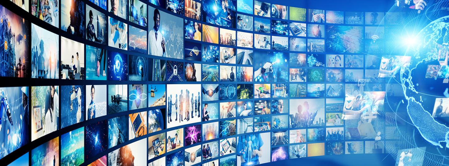 a curving panel of photos and graphics side by side