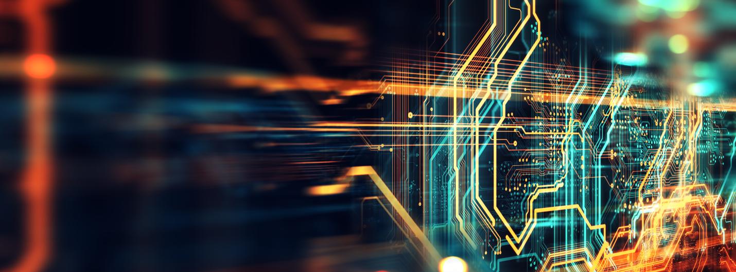 orange, yellow and light blue database systems intersect on a black background