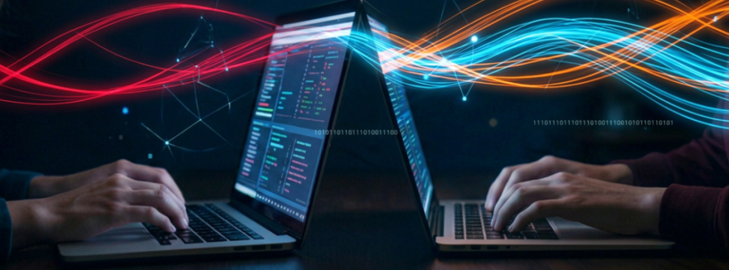two computers side by side with colorful code