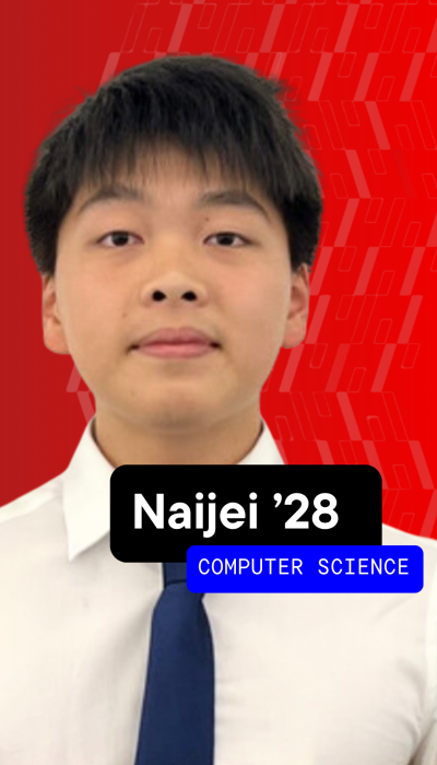 a young Asian man with short black hair wearing a white shirt and blue tie against a bright red background