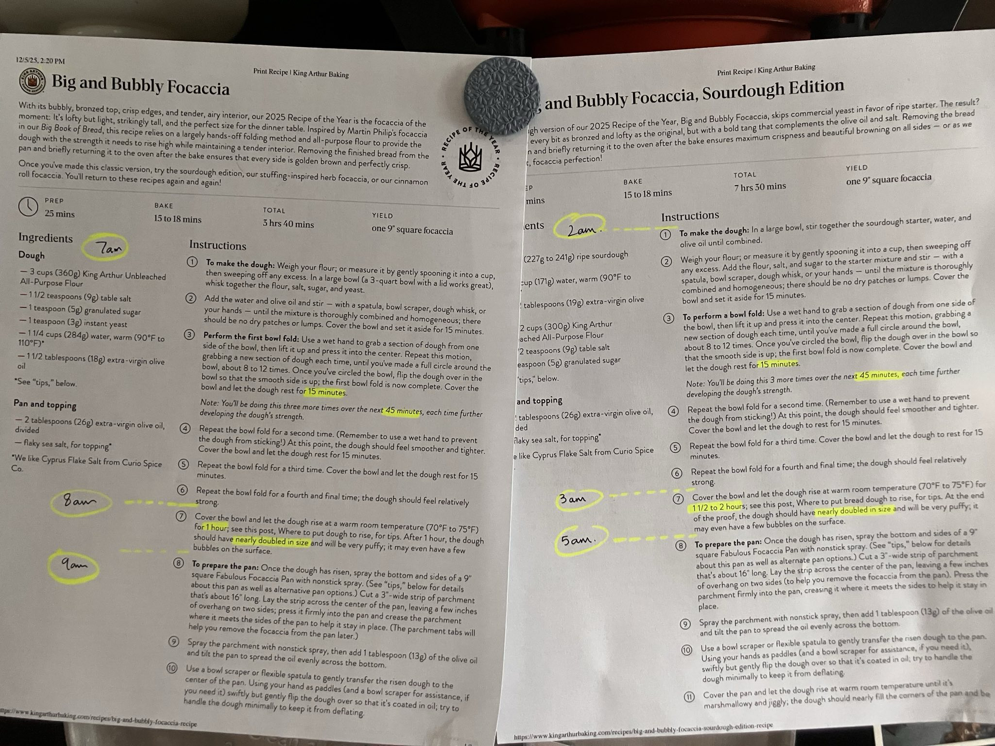 The two recipes, with differences highlighted